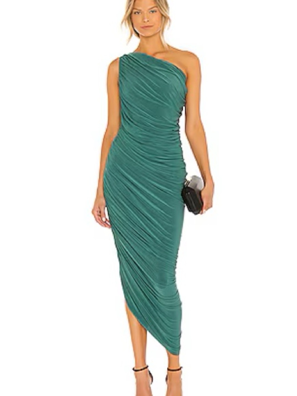 Norma Kamali Green One-Shoulder Ruched Asymmetric Midi Dress from Revolve